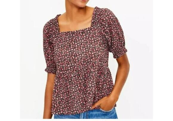 LOFT Tops - NWT LOFT Smocked Peplum Blouse Square Neck Floral Elastic Sleeves Size Medium
